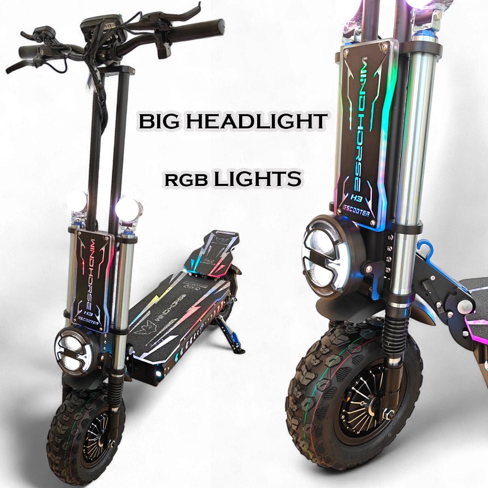 WINDHORSE H3 Powerful Electric Scooter 3000W Dual Motor – 60V 40Ah Battery, 85 KM/H Max Speed, 120 KM Range – 13 Inches Tires, Hydraulic Brakes, Dual Suspension, Full Body RGB Lights