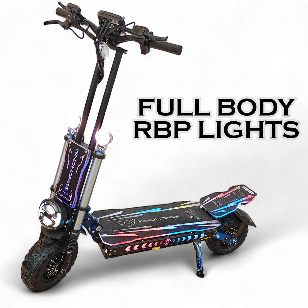 WINDHORSE H3 Powerful Electric Scooter 3000W Dual Motor – 60V 40Ah Battery, 85 KM/H Max Speed, 120 KM Range – 13 Inches Tires, Hydraulic Brakes, Dual Suspension, Full Body RGB Lights